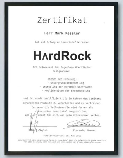 Erfolgreiche Teilnahme am Workshop Hard Rock fugenlose Oberflächen - Zertifikat Mark Kessler Mediathek