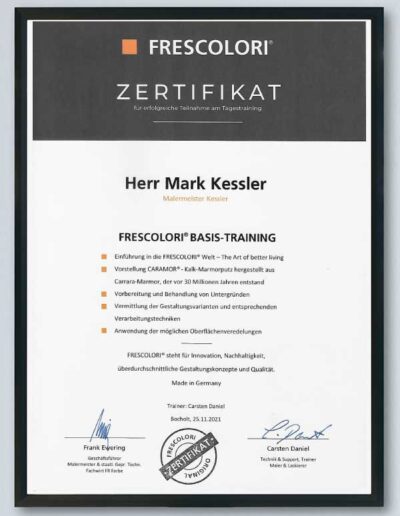 Zertifikat Frescolori Mediathek Referenzen Malermeister Kessler aus 71083 Herrenberg